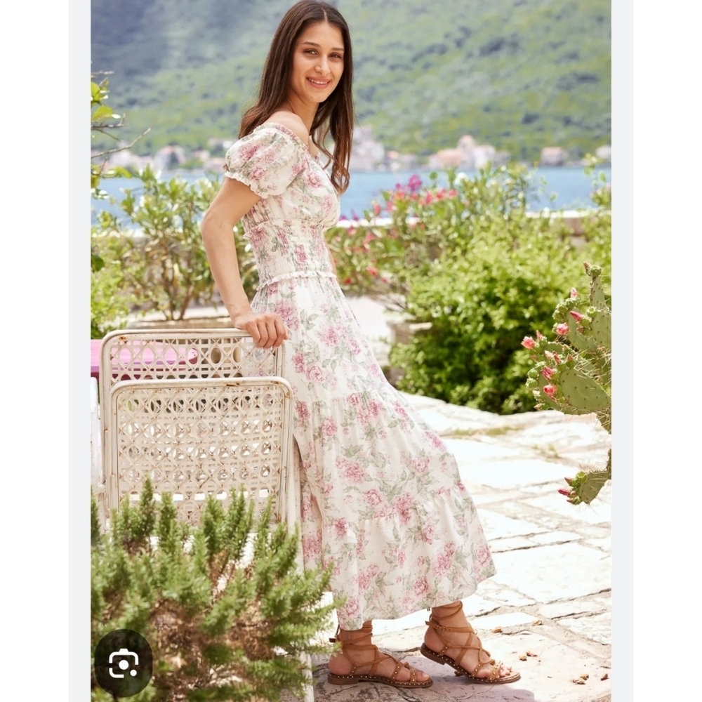 Trixxi Floral Maxi Dress Size Small - Pink Rose Print Off Shoulder Boho Dress NW - Picture 2 of 13